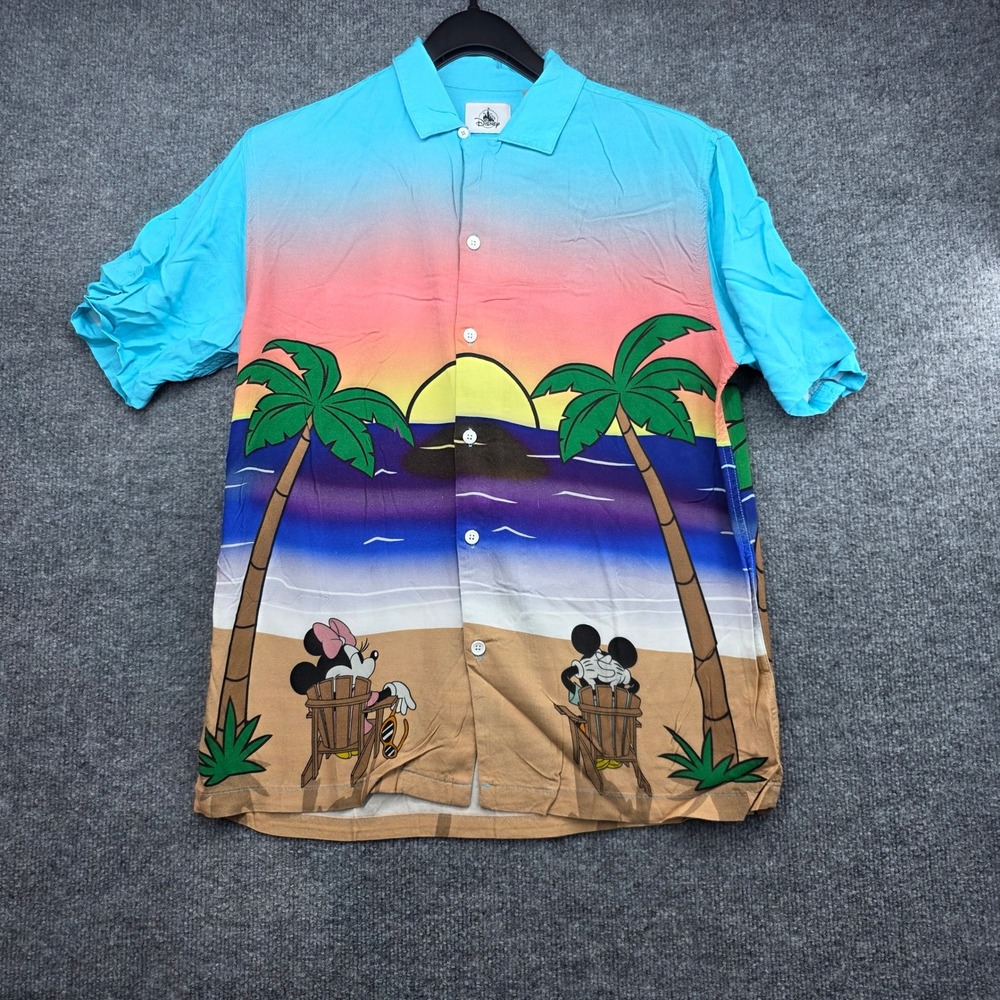 Disney Mickey Minnie Mouse Tropical Sunset Beach Hawaiian Camp Shirt Mens Medium